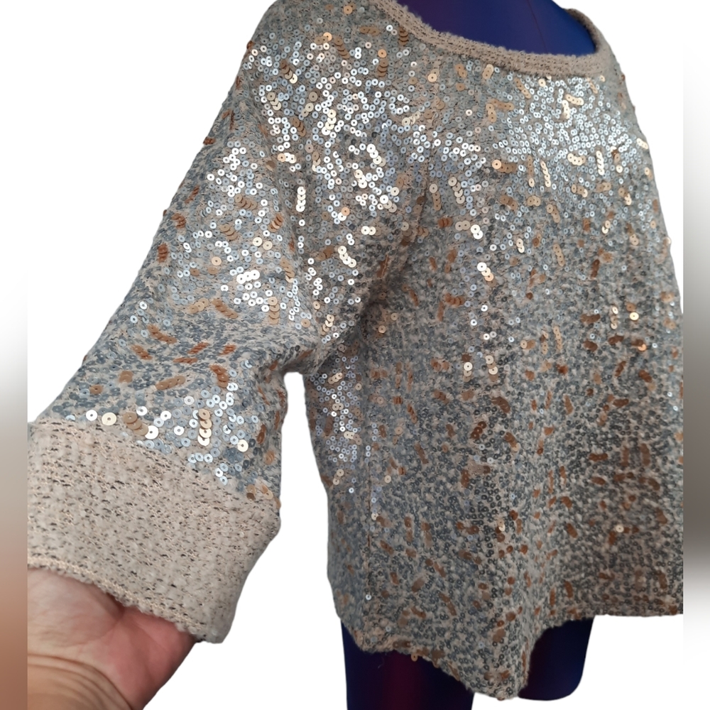 Coldwater Creek Gold and Silver Sequin 3/4 Sleeve Festive Sweater Size Medium